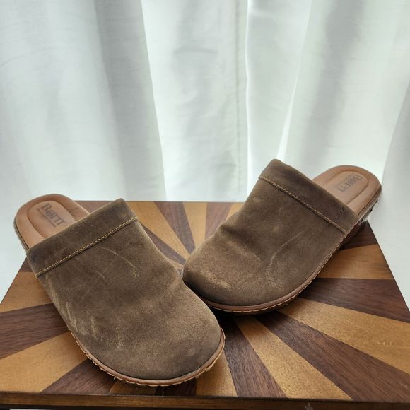 Børn Shoes - Born Womens Mules Clogs Nubuck Leather Brown Brandy Slip On Wedge Shoes 9 M